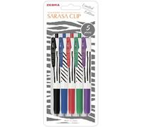 Zebra Pen SARASA CLIP Stripes Gel Pens 5pk - Retractable Coloured Pens with 0.7mm Nib, Smudge Proof, Rapid Dry Ink With Comfort Grip & Push Clip, Water Resistant, Gel Pens Assorted Colour Multipack