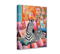 Zebra Sitting on Sofa 1P Canvas Room Wall Colorful Vintage Style Pictures Animal Poster Prints Funny Artwork Home Decor for Living Room Framed Gallery-Wrapped Ready to Hang 12x16inch