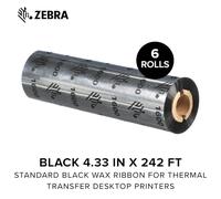 Zebra Standard Black Wax Ribbon for Thermal Transfer Desktop Printers Width 4.33 in Length 242 ft 0.5 in Core 6 Rolls 10031723SP