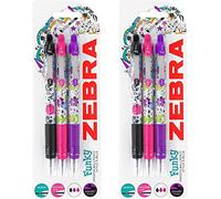 Zebra Z-Grip Funky Brights - Floral Pattern Retractable Black Ballpoint Pen - Assorted 6 Pack