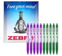 Zebra Z-Grip Smooth Retractable Ballpoint Pen - 1.0mm Nib - Green and Purple Ink - Pack of 10 - In Zebra Envelope Gift Packaging