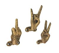 Zeckos 3 Gold Cast Iron Hand Gesture Decorative Wall Hooks, 4 Inches High - Peace Sign, Rock On, and Finger Gestures. Unique Stylish Key or Towel Hangers for