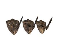 Zeckos Cast Iron Fun Wall Hooks - Set of 3, Bronze Sword & Shield Decorative Hooks for Entryway Wall, Perfect for Swordsman, Cosplay Enthusiast, 3.5x3x4 inches, Antique Bronze Finish