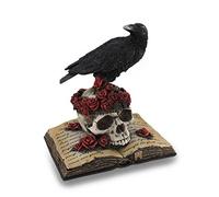Zeckos Perched Raven On Rose Skull And Open Poetry Book Statue