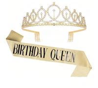 zeclive Gold Birthday Crown&Birthday Sash Set for Woman Decorations,Elegant Glittering Party Accessories with Birthday Queen Sash