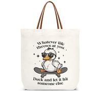 ZEDEV Funny Duck Tote Bag for Teen Girls, Humor Canvas Tote Bags Reusable Shoulder Bag for Travel Work Shopping Gym, Inspirational Birthday Handbag Gifts For Women Teacher Friends -06