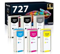 Zeejet 727 Ink Cartridges Replacement for HP 727 Ink Cartridges for DesignJet T920 T930 T1500 T1530 T2500 T2530 Printer Ink B3P22A B3P23A B3P19A B3P20A B3P21A B3P24A,130ml 6-Pack (MK/PK/C/M/Y/G)