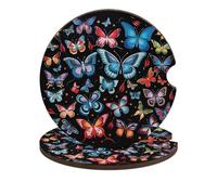 Zeeland Butterfly Car Cup Holder Coasters 2-Pack Absorbent Wood & Cork Coasters for Car Cup Holders, Festive Car Accessories for Women & Men