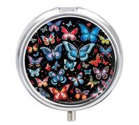 Zeeland Butterfly Pill Box - 3 Compartment Travel Pill Organizer with Small Mirror, Portable Pillcase for Pocket & Purse, Cute Round Medicine Case, Weekly Medicine Container