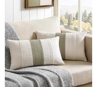 ZeeMart 2 Packs Cotton Boho Lumbar Throw Pillow Covers 12x20 Inch Contrast Dark Sage, Soft Farmhouse Decorative Couch Pillow Cases Sage Green Cushion Covers for Sofa Bed Living Room Home Decor