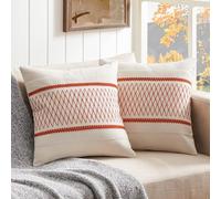 ZeeMart 2 Packs Cotton Boho Throw Pillow Covers 18x18 Inch Grid Orange, Soft Farmhouse Decorative Fall Couch Pillow Cases Burnt Orange Cushion Covers for Sofa Bed Living Room Home Decor