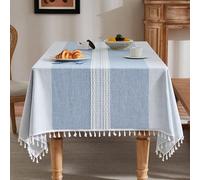 ZeeMart Contrast Linen Table Cloth Rectangle Table Cloths 52x70 Inch Mid-Stripe Blue, Farmhouse Style Heavy Weight Dusty Blue Tablecloth, Water Resistant Burlap Tablecloths