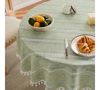 ZeeMart Hemstitched Embroidery Striped Boho Tablecloth 60 Inch Round Light Green, Heavy Weight Farmhouse Burlap Linen Sage Tablecloth, Wrinkle Resistant Washable Table Cloth for Round Table