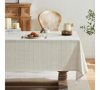 ZeeMart Linen Checked Table Cloth, Farmhouse Style Plaid Embroidered Neutral Tablecloth, Water Resistant Square Table Cloth, Ivory 52x52 Inches