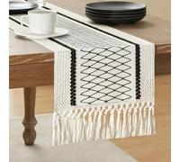 ZeeMart Macrame Style Bicolor Stitching Table Runner, 12 x 90 Inch Black Grid/Ivory, Boho Black Table Runners 90 Inches Long, Farmhouse Woven Home Decor