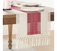 ZeeMart Macrame Style Bicolor Stitching Table Runner, 14 x 48 Inch Dusty Rose/Ivory, Boho Pink Table Runners 48 Inches Long, Farmhouse Woven Home Decor