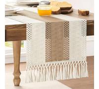ZeeMart Macrame Style Bicolor Stitching Table Runner, 14 x 72 Inch Brown/Ivory, Boho Neutral Table Runners 72 Inches Long, Farmhouse Woven Home Decor