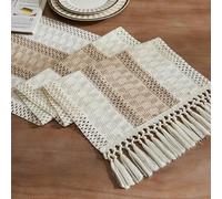 ZeeMart Macrame Style Bicolor Stitching Table Runner, 14 x 72 Inch Taupe/Ivory, Boho Beige Table Runners 72 Inches Long, Farmhouse Woven Home Decor