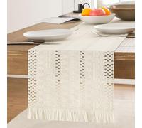 ZeeMart Macrame Style Table Runner with Short Tassels, 12x108 Inch Ivory, Farmhouse Table Runners 108 Inches Long, Boho Woven Home Decor