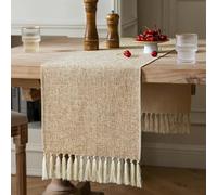 ZeeMart Rustic Table Runner with Handmade Tassels, Beige Burlap Style Farmhouse Table Runners 90 Inches Long, Long Woven Dining Table Runner for Party Holiday Daily Use, 13x90 Inches, Light Beige