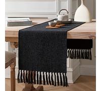ZeeMart Rustic Table Runner with Handmade Tassels, Black Burlap Style Farmhouse Table Runners 90 Inches Long, Long Woven Dining Table Runner for Party Holiday Daily Use, 13x90 Inches, Black