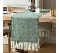 ZeeMart Rustic Table Runner with Handmade Tassels, Green Burlap Style Farmhouse Table Runners 36 Inches Long, Small Short Coffee Table Runner for Party Holiday Daily Use, 13x36 Inches, Mineral Green