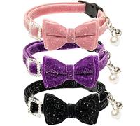 ZEEMIAS Cat Collars for Girl Boy Cats - Bow Tie Bling Cute Breakaway Cat Collars - Adjutsable Rhinestones Pink Black Purple Cat Collars with Bell
