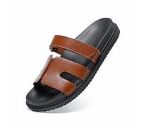 ZEENXIUYA Women's Slide Sandals with Comfort Arch Support, Adjustable Velcro Summer Beach Slides, Lightweight Slip on H-Strap Leather Open Toe Wide Flat Sandal, Reddish Brown, 7 X-Wide