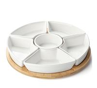 zeeooil Ceramic Snack and Dip Serving Set with Rotating Wooden Tray (White)