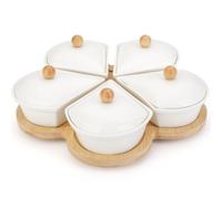 zeeooil Ceramic Snack Bowls with Lids Serving Set with Rotating Wooden Tray (White)