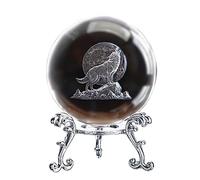 ZEERSHEE 3D Crystal Wolf Figurine With Moon - 60mm Glass Laser Ball Paperweight With Stand - Etched Glass Statue Decor for Home