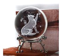 ZEERSHEE 60mm 3D Crystal Ball Glass Laser Engraved Cat Figurine Glass Cat Paperweight with Stand for Home Art Decor