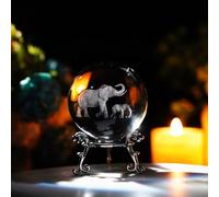 ZEERSHEE 60mm 3D Glass Laser Engraved Mother Son Elephants Crystal Ball with Stand Decorative Sphere Elephant Gifts for Women