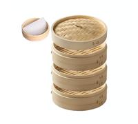 Zeetan Handmade Bamboo Steamer, 3 Tiers Steam Basket for Dumpling Dim Sum Bun Rice Chinese Food with 3 Pcs Non Stick Silicone Steamer Liners Mesh Mat Round Pad,25.4cm