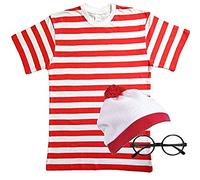 Zeetaq Children's Red & White Striped Fancy Dress 3 Piece Set (3 Piece Set (T-Shirt+Hat+Glasses), 9-10 Years)