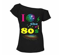 Zeetaq Ladies I Love The 80's T-Shirt Fancy Dress Costume Neon Festival Women's Outfit UK Size 8-26 (Black Love 80's Globe, S-M)