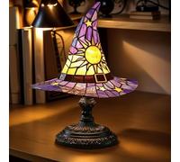 Zegaqae Halloween Witch Hat Table Lamp, Resin Gothic Witch Hat Lampshade Desk Lamp, USB-Powered Stained Glass Lamps, for Studying Reading Party Halloween Decor