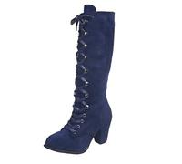 ZEHENG Boots for Women Lace Up Womens Suede Mid-Calf Boots Gothic Casual Stylish Lace Up Thick High Heels Booties Perfect for Cold (Blue, Adult, Women, 3.5, Numeric, UK Footwear Size System, Medium)