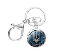 ZEIA3 Vintage Tryzub Ukraine Keychain Ukrainian Symbol Rune Flag Trident Pattern Glass Cabochon Men Women Lobster Buckle Keyring Gift