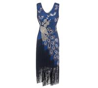 Zeiayuas 1920s Flapper Fringed Sequin Dress Roaring 20s Fancy Dress Gatsby Costume Dress V Neck Vintage Beaded Evening Dress for Party Prom Cocktail Blue