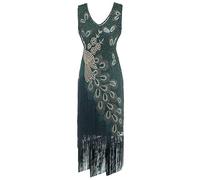 Zeiayuas 1920s Flapper Fringed Sequin Green Dress for Party, Prom, Cocktail - V Neck Vintage Beaded Evening Gatsby Costume