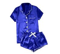 Zeiayuas 2 Piece Pyjama Set for Women Silk Satin Pyjamas Bride Pjs Set 2 Piece Pj Sets Button Down Short Sleeve Shirts and Shorts Loose Comfy Sleepwear Sprited Loungewear