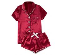 Zeiayuas 2 Piece Pyjama Set for Women Silk Satin Pyjamas Bride Pjs Set 2 Piece Pj Sets Button Down Short Sleeve Shirts and Shorts Loose Comfy Sleepwear Sprited Loungewear