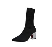 Zeiayuas Ankle Boots for Women Pointed Toe Chunky High Heel Booties Slip On Short Heeled Boots Knitted Stretch Sock Mid Calf Boots Ladies Slouch Boots Plus Size UK 4.5-9.5