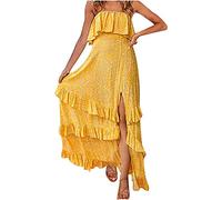 Zeiayuas Bandeau Beach Maxi Dress for Women Strapless Summer Bohemian Long Dresses Ruffle Party Evening Wedding Guest Outfits Floral Print Boho Sexy Sundress Casual Elegant Hawaiian Dress Yellow