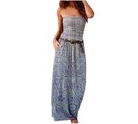 Zeiayuas Bandeau Beach Maxi Dress for Women Strapless Summer Bohemian Long Dresses with Pocket Ruffle Party Evening Wedding Guest Outfits Floral Print Boho Sexy Sundress Casual Elegant Hawaiian Dress