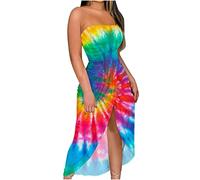 Zeiayuas Bandeau Dresses for Women UK Clearance Tie Dye Summer Casual Party Dress Strapless Sleeveless Breast Wrap Dresses Ladies Bohemian Flowy Holiday Beach Dresses Floral Print Boho Beach Dresses