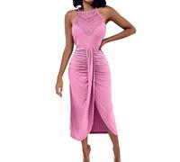 Zeiayuas Bohemian Beach Dress for Women Spaghetti Strap Lace Maxi Dresses Party Evening Wedding Guest Outfits Sexy Halter Neck Sleeveless Sundress Casual Boho Ruffle Pleated Dress Pink