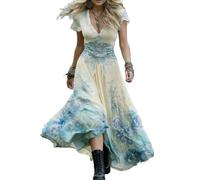 Zeiayuas Boho Dress Ladies Summer Short Sleeve V Neck Plus Size Flowy Maxi Dresses Boho Beach Floral Embroidered Dress Elegant Party Casual Long Dresses A-line Holiday Bohemian Sundress Beige
