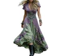 Zeiayuas Boho Dress Ladies Summer Short Sleeve V Neck Plus Size Flowy Maxi Dresses Boho Beach Floral Embroidered Dress Elegant Party Casual Long Dresses A-line Holiday Bohemian Sundress Green